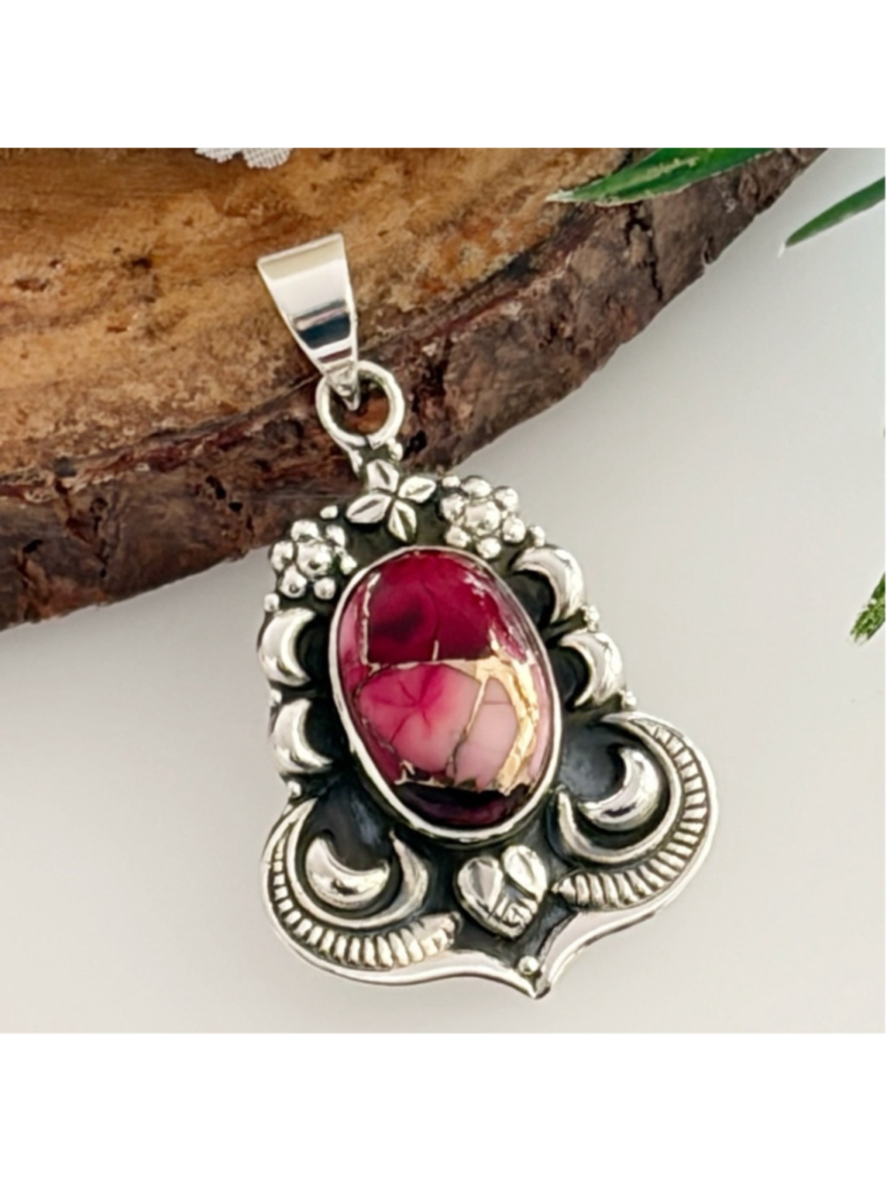 Sterling Silver 925 Genuine Red Rose Dahlia Turquoise Pendant Navajo Style